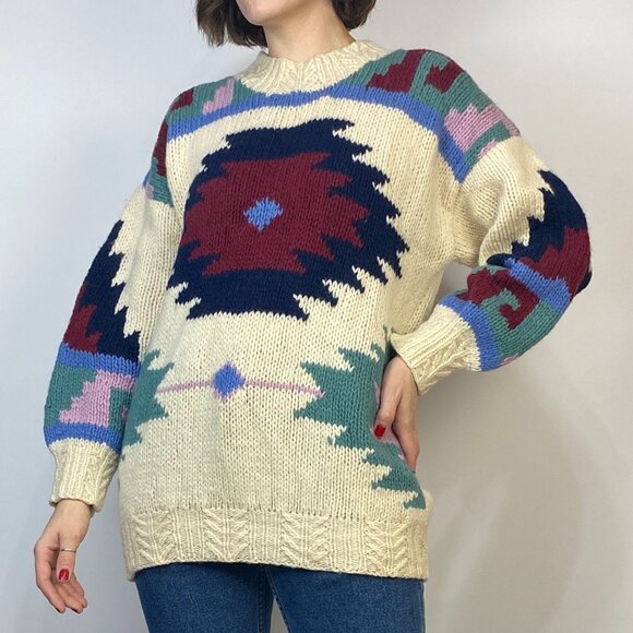 Vintage 1980s Handmade SOUTHWEST or Aztec Wool Sweater! Medium to Large - Picture 4 of 8